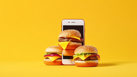 Three burgers with a smartphone on a yellow background. 3d renderingの素材