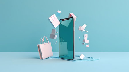 Smartphone with shopping bags on blue background. 3D rendering.の素材