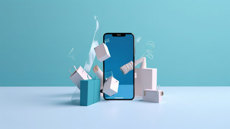 Smartphone with shopping bags on the blue background. 3d renderingの素材
