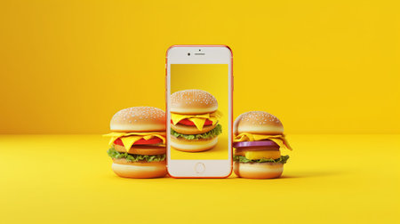 Hamburger and smartphone on yellow background. 3d rendering.の素材