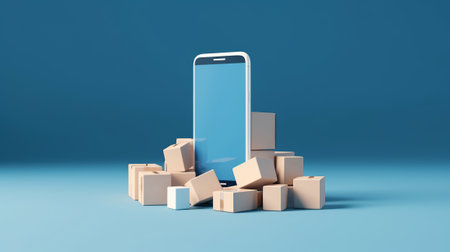 Smartphone with cardboard boxes on blue background. 3D rendering.の素材