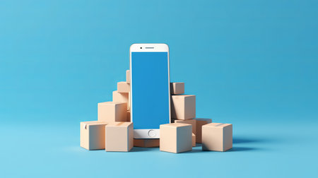 Smartphone with stack of cardboard boxes on blue background. 3d renderingの素材