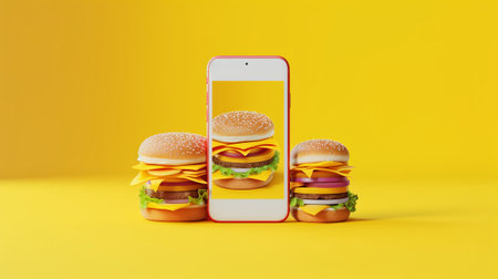 Hamburger and smartphone on yellow background. Fast food concept.の素材