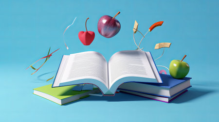 Open book with flying apples and balloons on blue background. 3d illustrationの素材