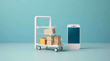 Smartphone with shopping cart and boxes on blue background. 3d renderingの素材