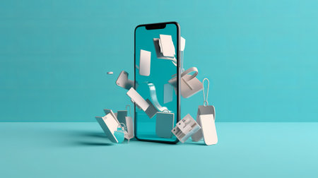 Smartphone with flying paper objects on blue background. 3D renderingの素材