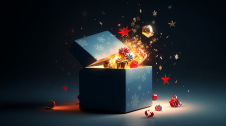 Open gift box with fireworks and stars on dark background 3D renderingの素材