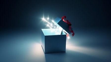 Open gift box with lights and shadow on the floor. 3D renderingの素材