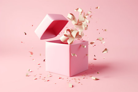 Open pink gift box with golden confetti on pink background. 3d renderingの素材