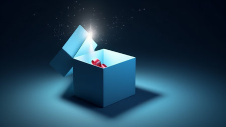 Open gift box with red heart inside, 3D rendering illustration.の素材