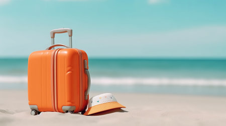 Orange suitcase with hat on the beach with sea and blue sky backgroundの素材