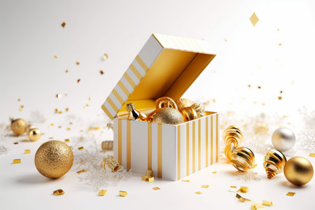 Christmas gift box with golden christmas balls and confetti on white backgroundの素材