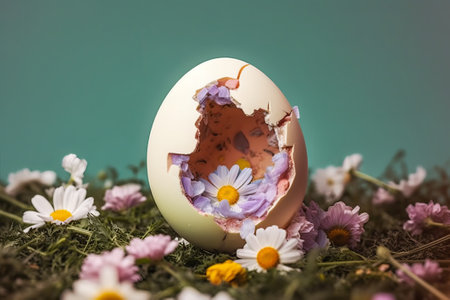 Easter egg in the nest with daisies on a green backgroundの素材