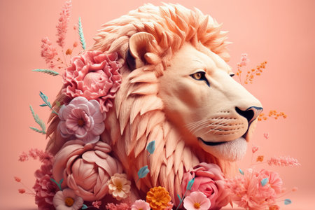 Lion statue with flowers on pink background. Minimal concept.の素材