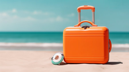 Orange travel suitcase with wheels on the beach. Summer vacation concept.の素材
