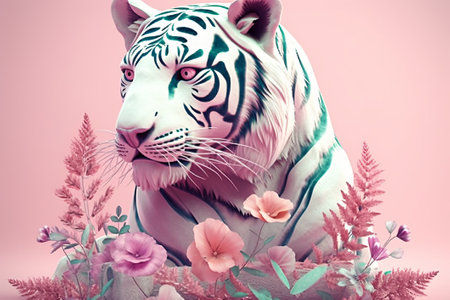 White tiger with flowers on pink background, 3d rendering. Computer digital drawing.の素材