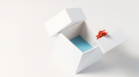 White gift box with red bow on white background. 3D renderingの素材