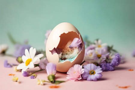 Easter egg with flowers on pastel background, easter conceptの素材