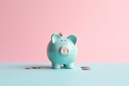 Piggy bank with coins on pastel blue and pink backgroundの素材