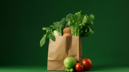 Paper bag with fresh vegetables on green background. Healthy food concept.の素材