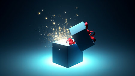 Open gift box with ribbon and bow on black background. 3d renderingの素材
