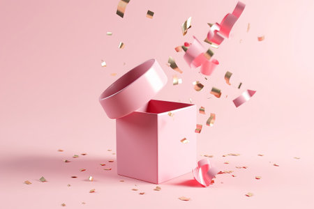 Open pink gift box with confetti on pink background. 3d renderingの素材