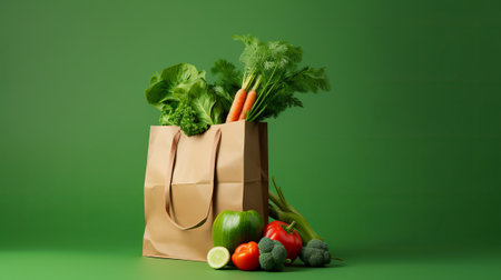 Paper bag with fresh vegetables on green background. Healthy food concept.の素材