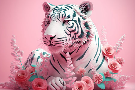 White tiger with pink flowers on pink background. 3d rendering.の素材
