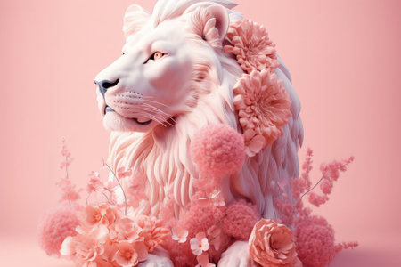 Lion statue with flowers on pink background. Valentine's day concept.の素材