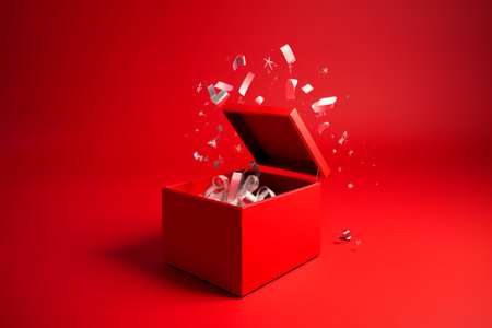 Open red gift box with falling diamonds on red background. 3d renderingの素材