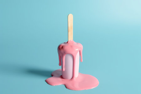Pink ice cream on a stick on a blue background. Minimal concept.の素材