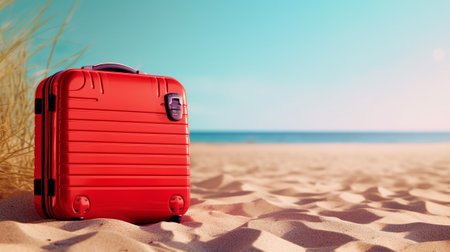 Red suitcase on the sandy beach. Holidays and travel concept.の素材