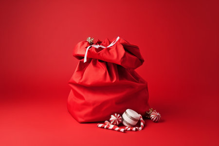 Santa Claus bag with gifts on a red background. Christmas concept.の素材