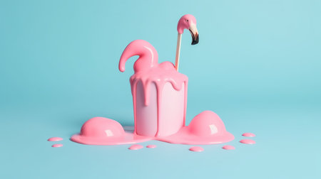 Flamingo cake with ice cream on blue background. Minimal concept.の素材