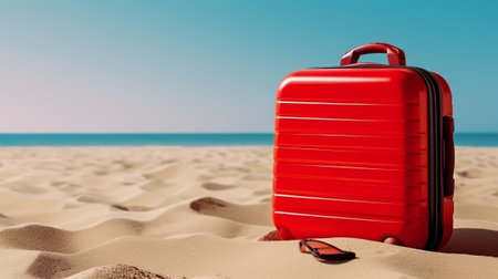 Red suitcase and sunglasses on the sandy beach. 3D rendering.の素材