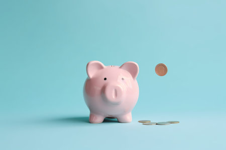 Piggy bank and coin on blue background. Saving concept.の素材