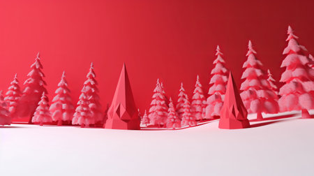 Christmas trees made of paper on a red background. 3d renderの素材