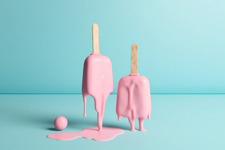 Pink ice cream on a stick on a blue background. 3d renderingの素材