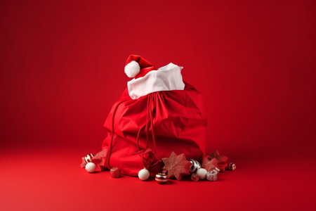 Santa Claus bag with gifts on a red background. Christmas concept.の素材