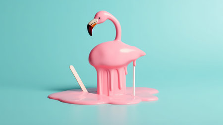 Pink flamingo with ice cream on a blue background. 3d renderingの素材