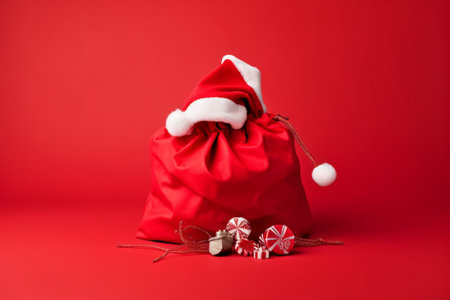 Santa Claus bag with gifts on a red background. Christmas concept.の素材