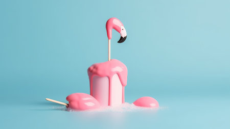 Pink flamingo cake with ice cream on blue background. Minimal conceptの素材