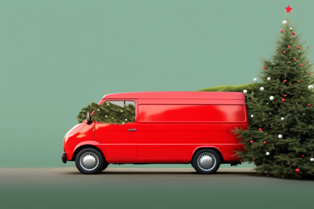 Red delivery van with christmas tree on green background. 3d renderingの素材