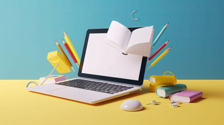 Laptop with blank screen and school supplies on yellow and blue backgroundの素材