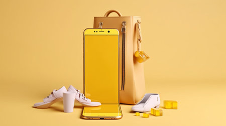 Yellow bag, shoes and mobile phone on yellow background. 3d renderingの素材