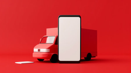 3d rendering of a truck and a smartphone on a red backgroundの素材