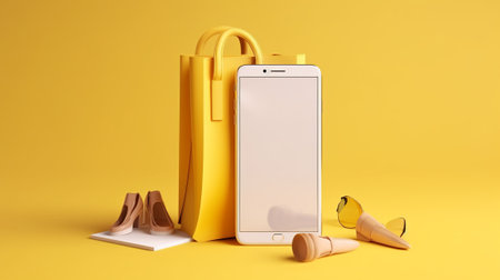 Mockup of a modern smartphone with a blank screen, sunglasses and a bag on a yellow backgroundの素材