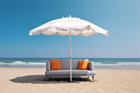 Beach umbrella and sofa on the beach in summer. 3d renderingの素材