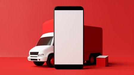 Smartphone with blank screen and delivery van on red background. 3D renderingの素材