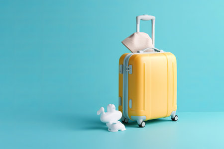 Yellow suitcase and rabbit on blue background. Travel and vacation concept.の素材